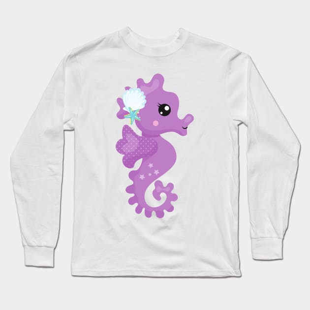 Cute Seahorse, Purple Seahorse, Starfish, Seashell Long Sleeve T-Shirt by Jelena Dunčević